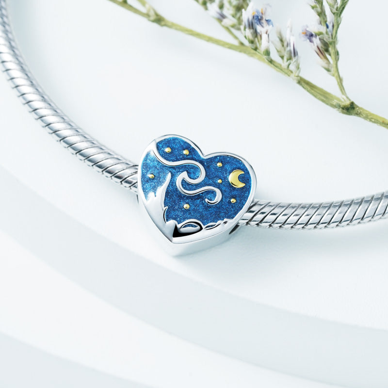Gnoce Starry Night Heart Double-sided Pattern Charm Platinum-plated Silver Blend_2