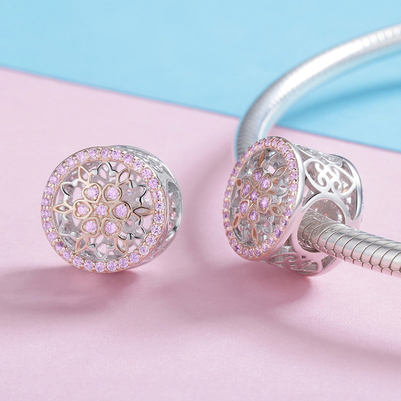 Stamen of Flower Charm Bead 925 Sterling Silver 18K Rose Gold Plated Inlaid with Pink Gemstones_2