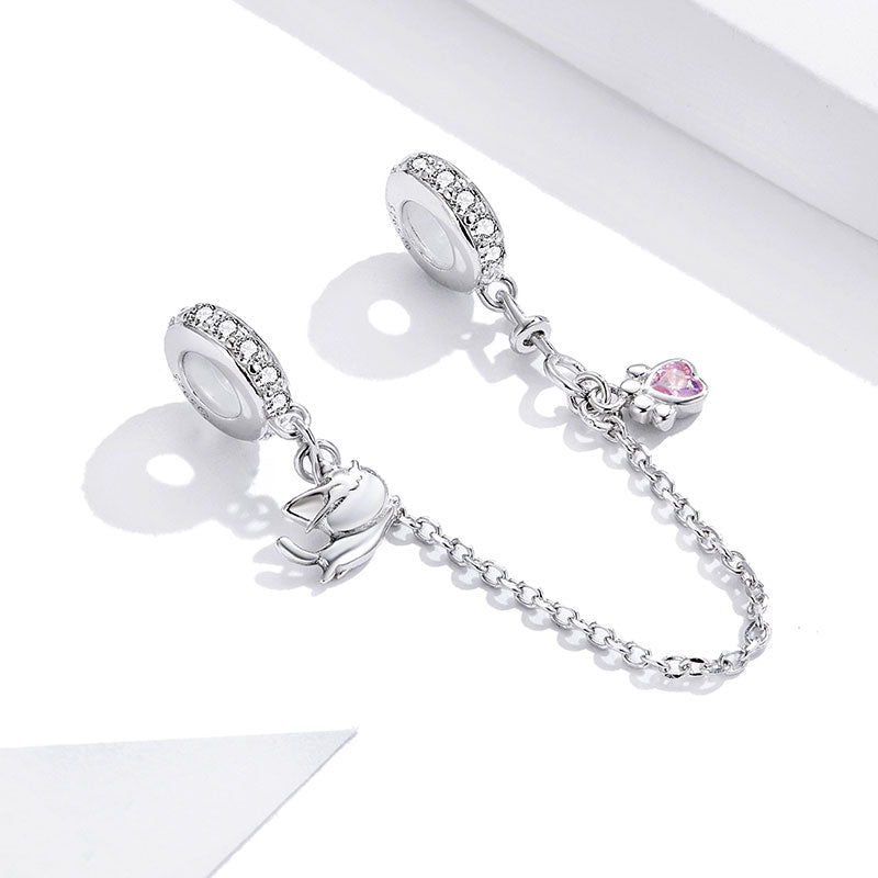 Cat & Paw Safety Chain 925 Sterling Silver Inlaid with Clear and Pink Gemstones_2