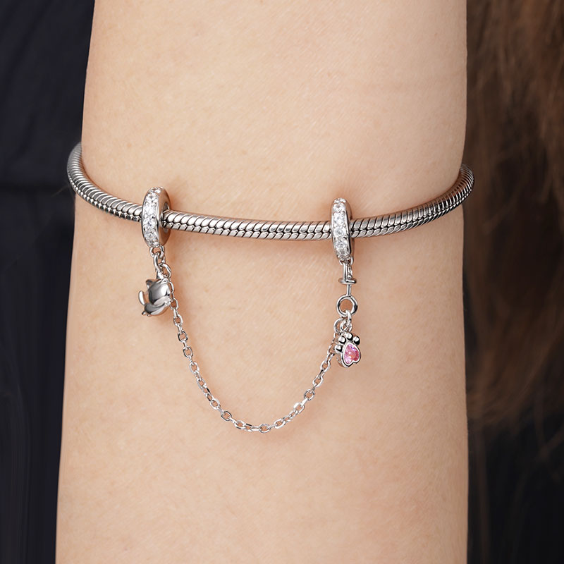 Cat & Paw Safety Chain 925 Sterling Silver Inlaid with Clear and Pink Gemstones_3