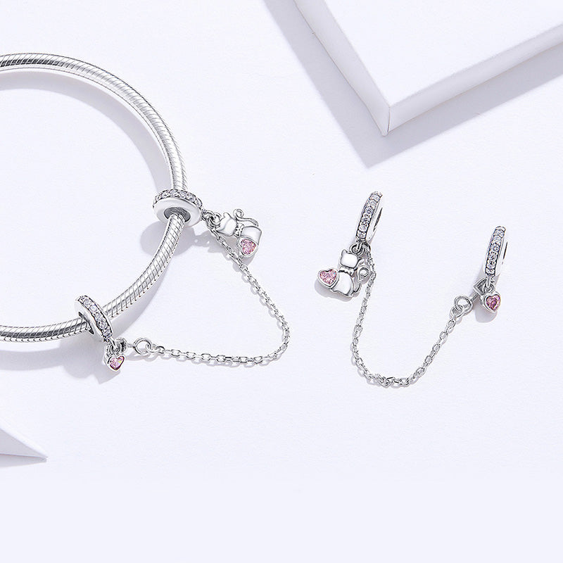 Cute Cat & Heart Safety Chain 925 Sterling Silver Inlaid with Clear and Pink Gemstones_2