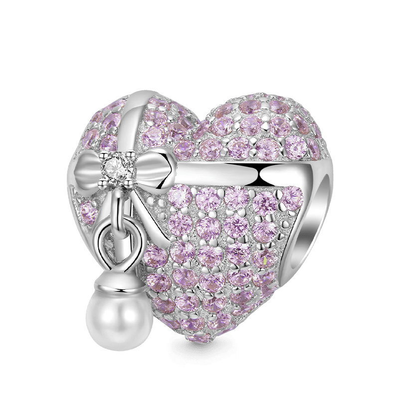 Love Heart Gift Pendant Dangle Charm Bead with Bow Tie Pearl 925 Sterling Silver Inlaid with Lilac Gemstones_1