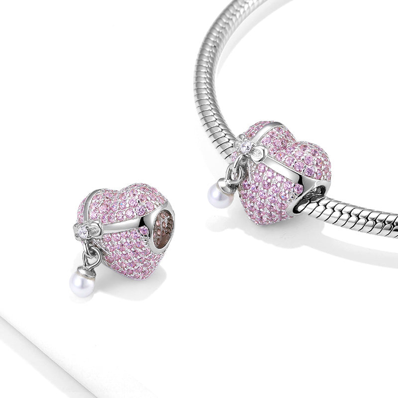 Love Heart Gift Pendant Dangle Charm Bead with Bow Tie Pearl 925 Sterling Silver Inlaid with Lilac Gemstones_2