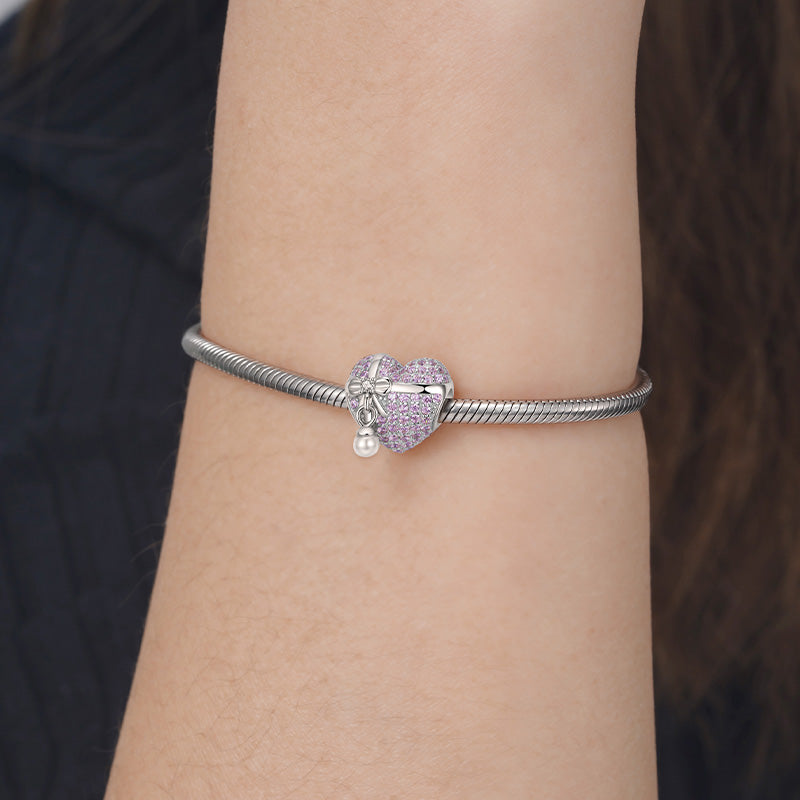 Love Heart Gift Pendant Dangle Charm Bead with Bow Tie Pearl 925 Sterling Silver Inlaid with Lilac Gemstones_3