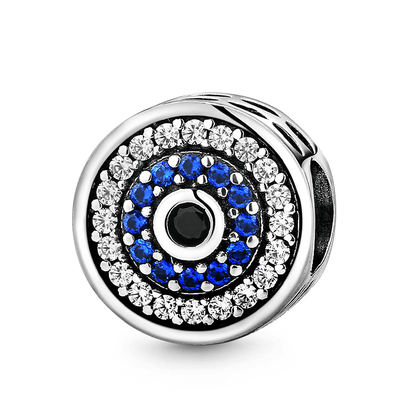 Sparkle Devil's Eye Charm Bead 925 Sterling Silver Inlaid with Clear & Blue CZ Stones_1