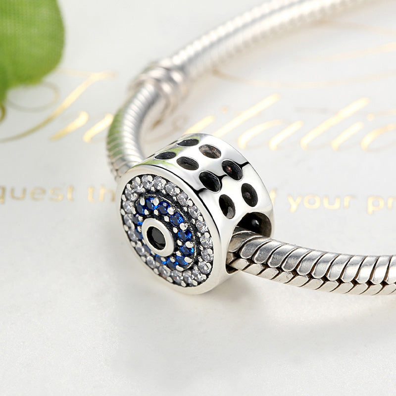 Sparkle Devil's Eye Charm Bead 925 Sterling Silver Inlaid with Clear & Blue CZ Stones_2