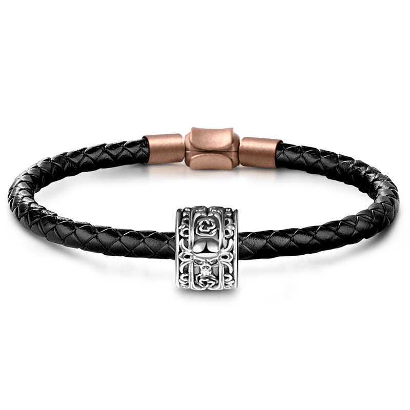 Skull & Rose Men's Vintage Bead S925 Sterling Silver with Gift Copper Black Leather Men's Bracelet Jewelry for Men_1