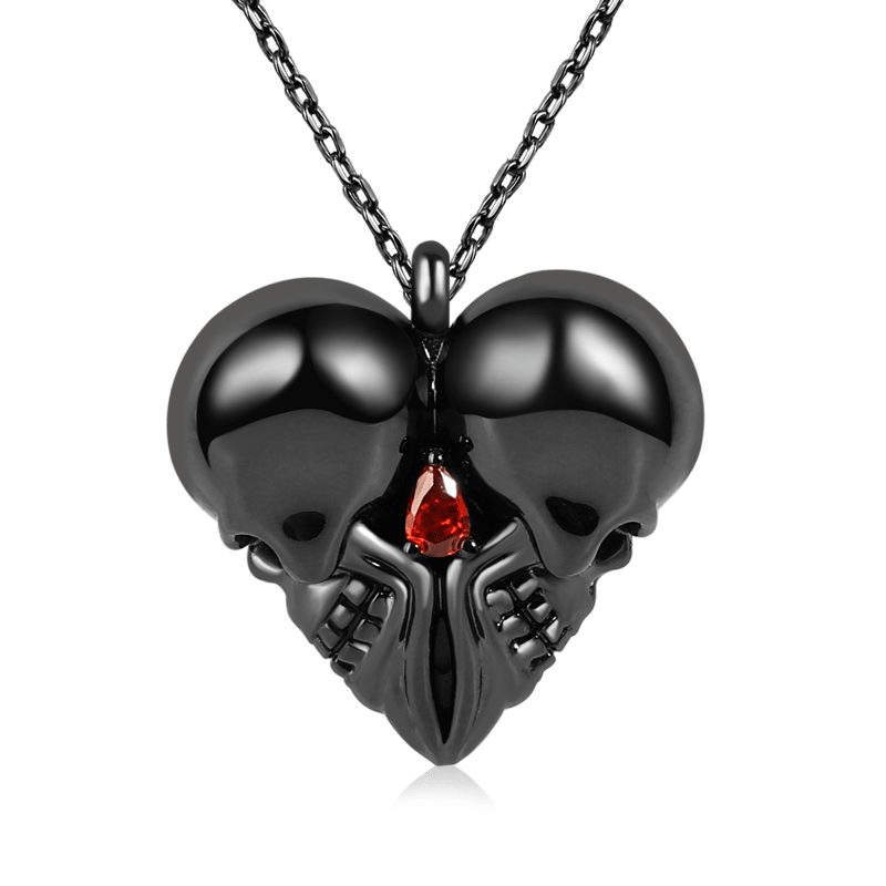 Gnoce Heart Double Skull Red Stone Necklace_1