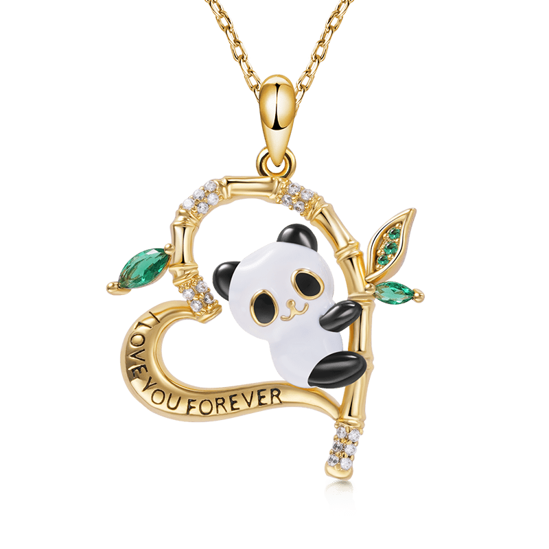 "I Love You Forever" Panda on Bamboo Heart Shaped Necklace 18K Gold Plated CZ Gemstones Inlaid_1