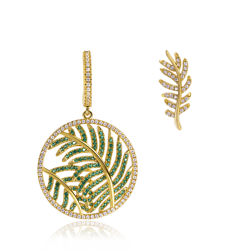 Leaves Dangle Stud Earrings Set 925 Sterling Silver 18K Gold Plated Inlaid with Green & Clear CZ Stones_1
