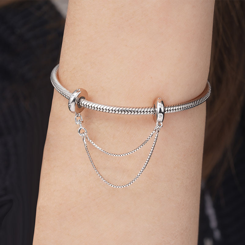 Sparkling Safety Chain 925 Sterling Silver Inlaid with Clear Gemstones_3