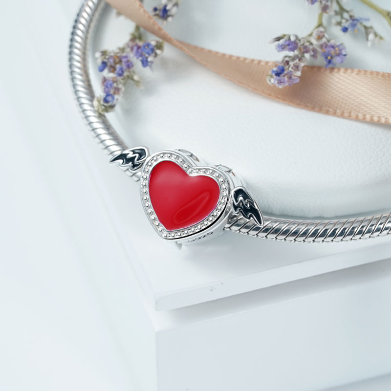 Gnoce Heart with Wings Photo Locket Charm Platinum-plated Silver Blend_2