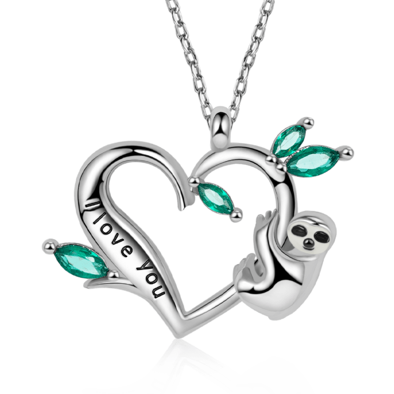 Sloth Necklace 925 Sterling Silver with "I Love You" Engravings and Green Gemstones_1