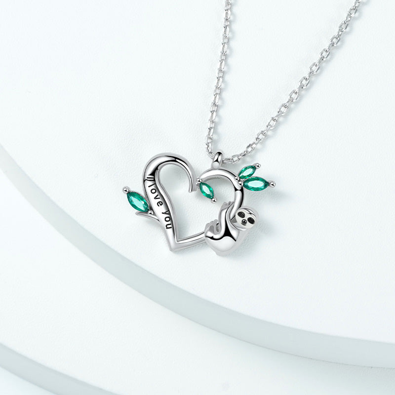 Sloth Necklace 925 Sterling Silver with "I Love You" Engravings and Green Gemstones_3