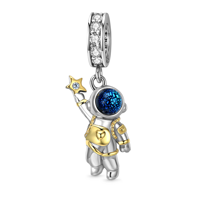 Astronaut in Outer Space Pendant Dangle Charm 925 Sterling Silver 18K Gold Plated_1