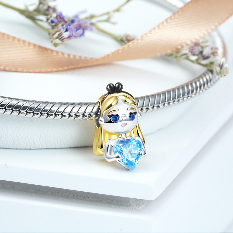 Lovely Alice Embraces Heart Gemstone Charm Bead 925 Sterling Silver 18K Gold Plated_2