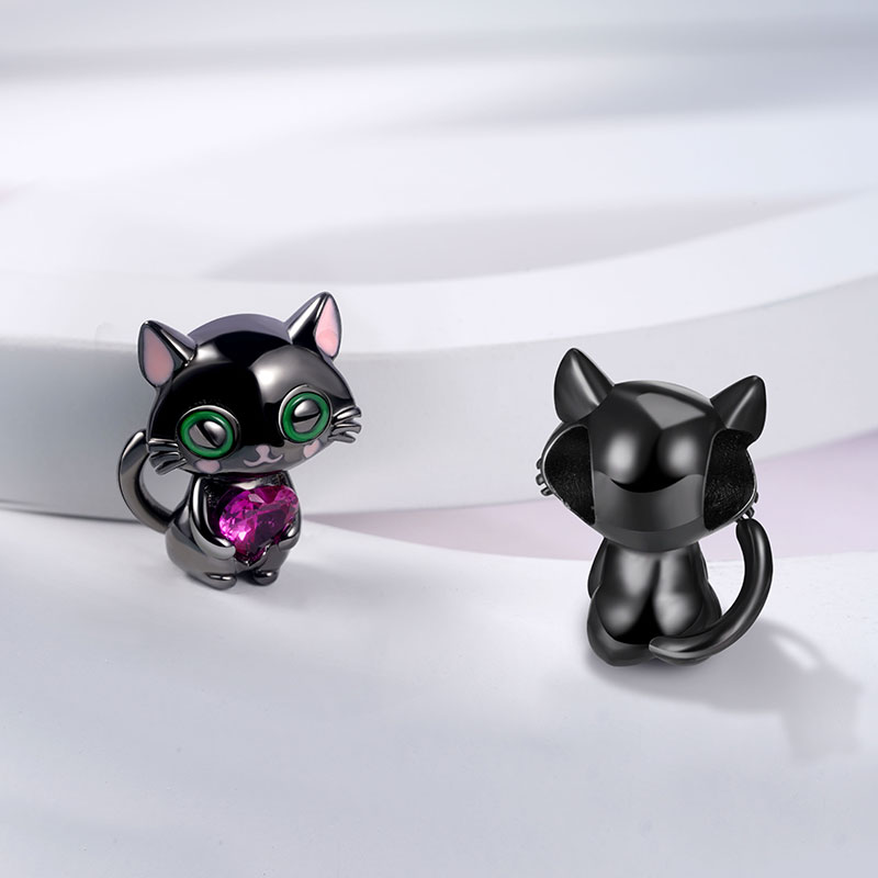 Black Cat Embraces Heart Gemstone Charm Bead Sterling Silver_2