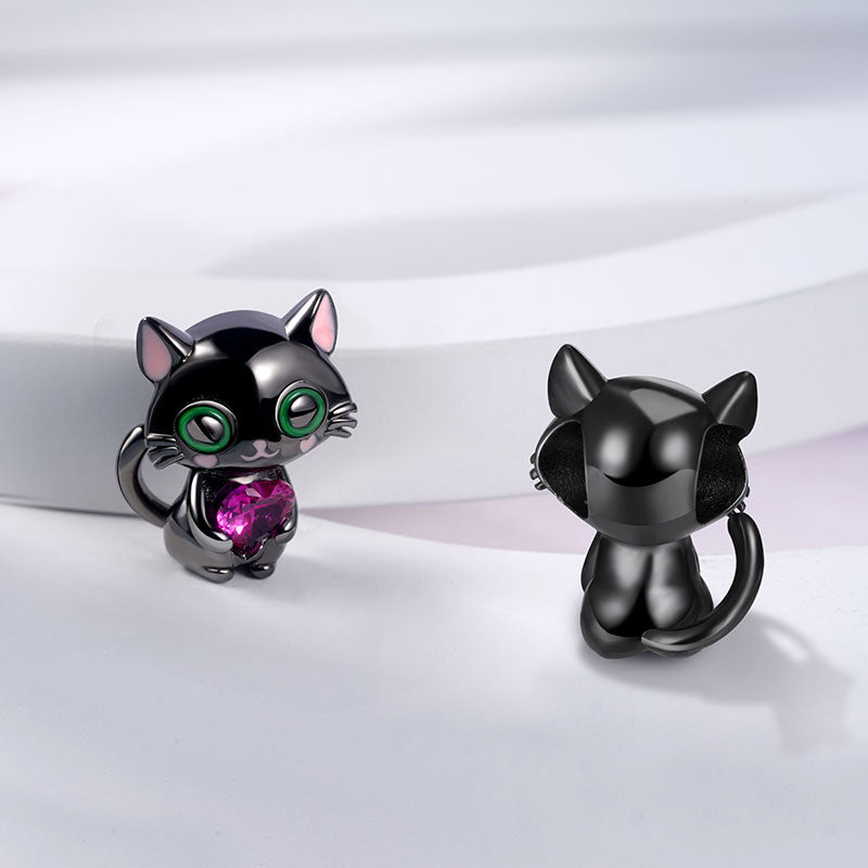 Black Cat Embraces Heart Gemstone Charm Bead Sterling Silver_2