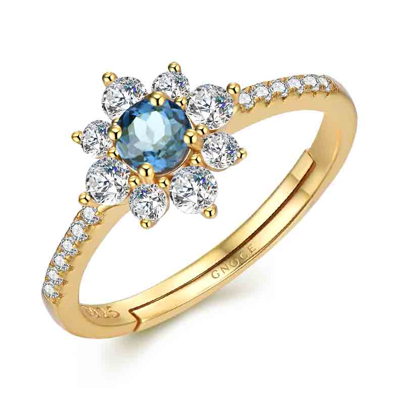 Adjustable Nature Blue Topaz Gemstone Flower Halo Ring 925 Sterling Silver 18k Gold Plated Inlaid with Clear CZ Stones_2
