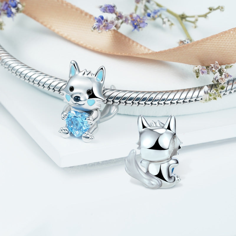 Arctic Wolf Embraces Heart Gemstone Charm Bead 925 Sterling Silver_2