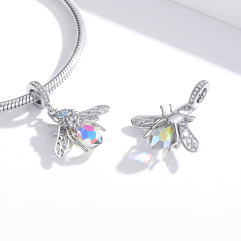 Flowers on Bee Pendant Dangle Charm 925 Sterling Silver with Shiny Artificial Crystal_2