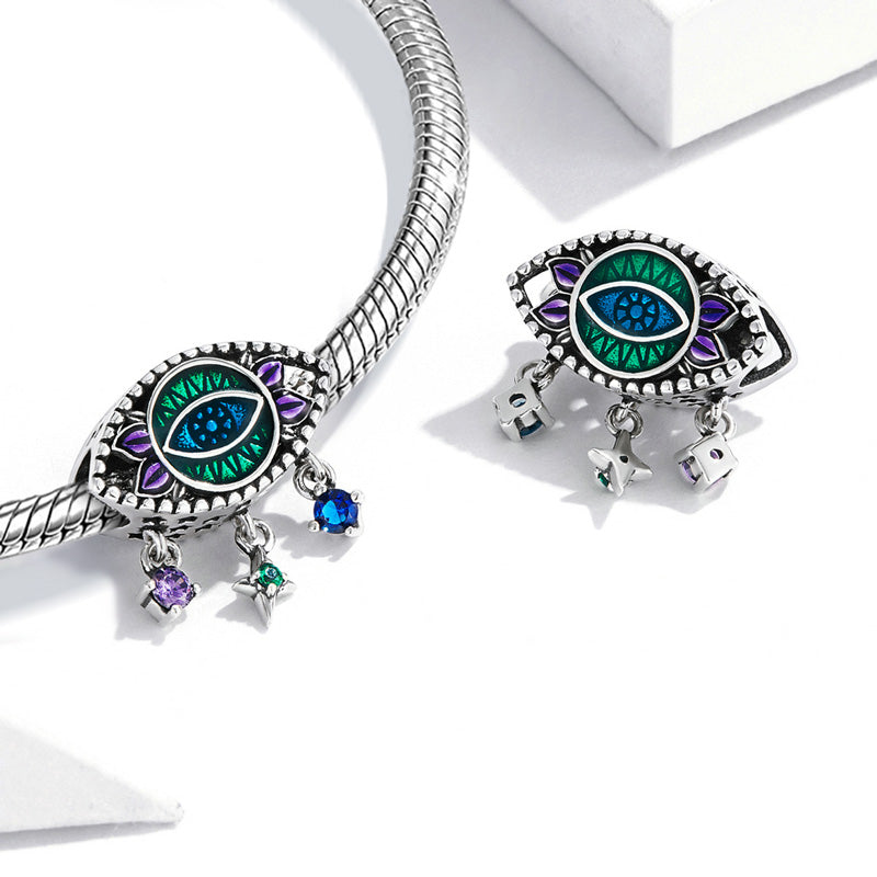Devil's Eye Charm Bead 925 Sterling Silver with Green & Purple Enamels_2