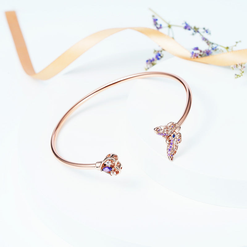 Butterfly & Love Heart Open Bangle Bracelet Lead-free ECO Copper 18K Rose Gold Plated Inlaid with Colorful CZ Stones_2