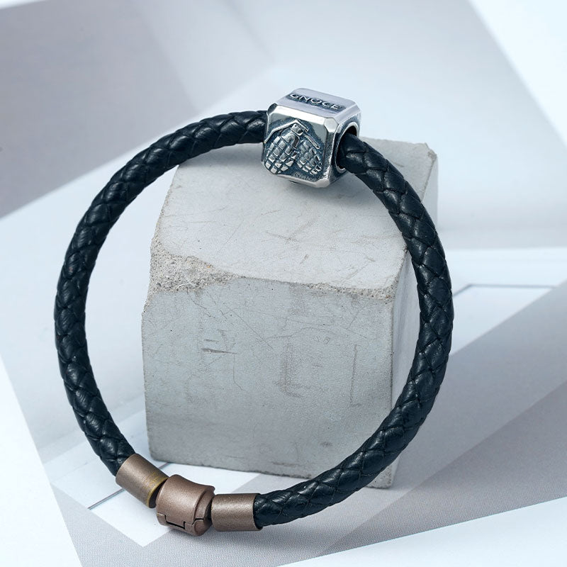 Grenade Vintage Bead S925 Sterling Silver with Gift Copper Black Leather Men's Bracelet Jewelry for Men_4