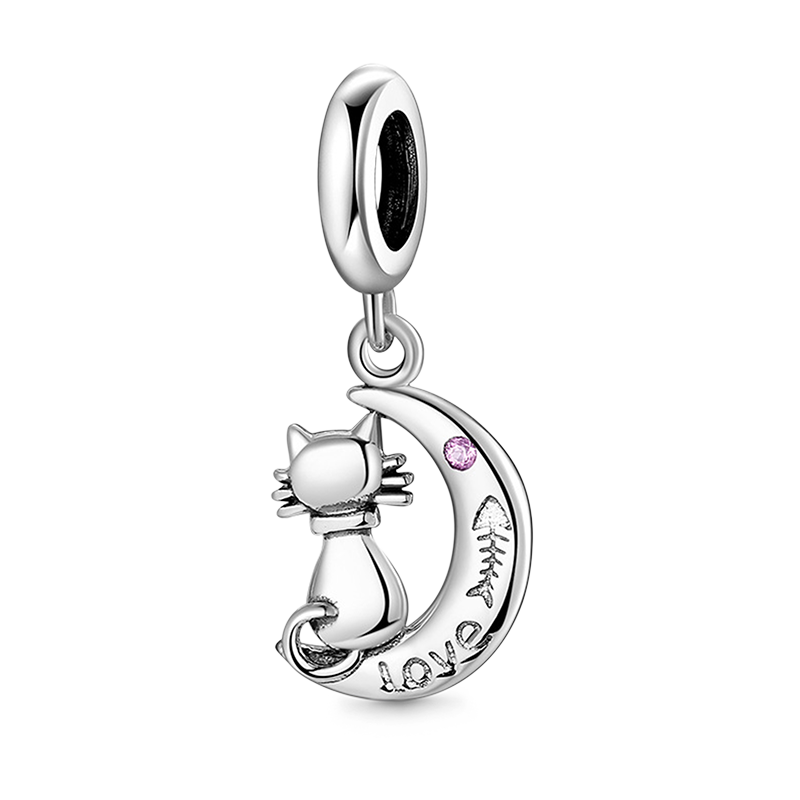Cute Cat Sitting on Moon Pendant Dangle Charm 925 Sterling Silver_1