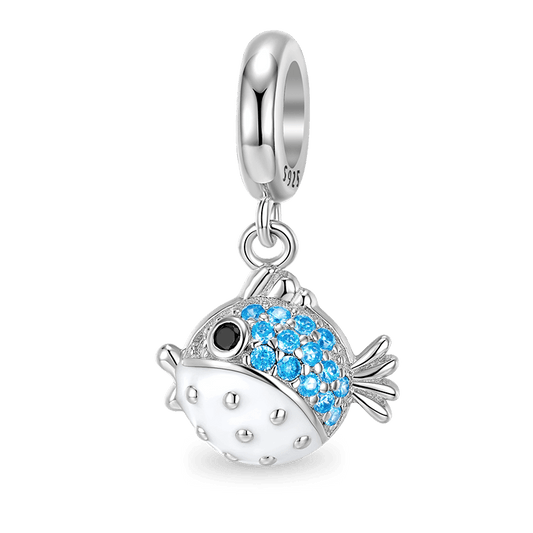 Puffer Fish Pendant Dangle Charm 925 Sterling Silver inlaid with Blue CZ Stones_1