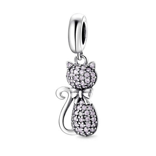 Cute Cat Pendant Dangle Charm 925 Sterling Silver Inalid with Pink CZ Stones_1