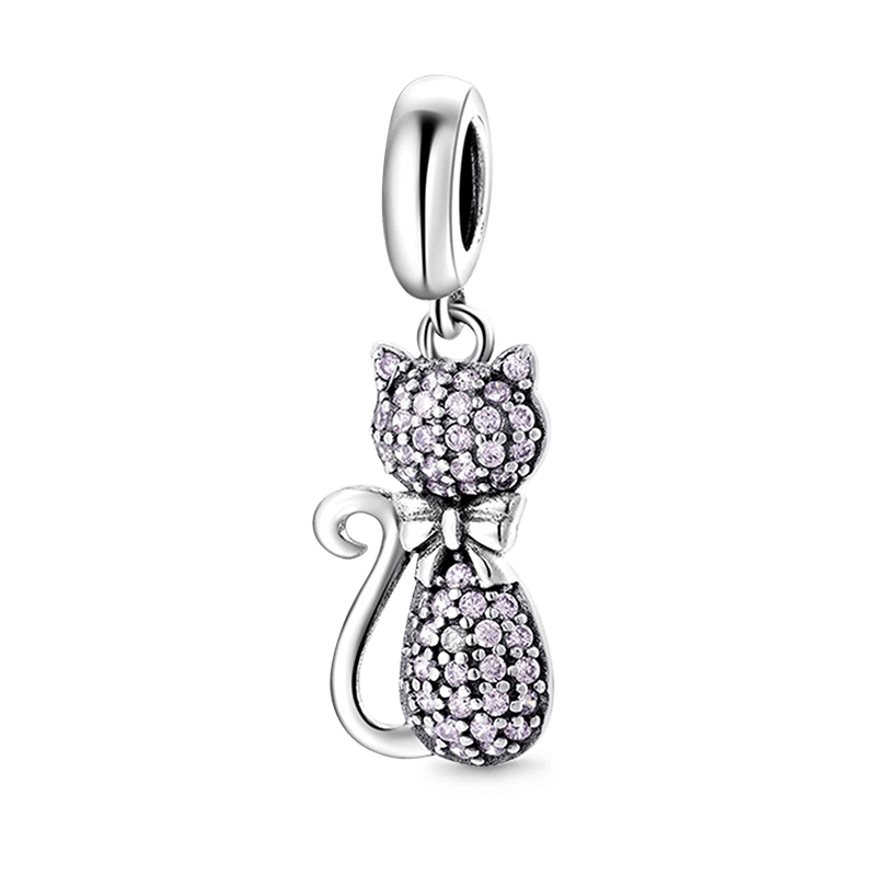 Cute Cat Pendant Dangle Charm 925 Sterling Silver Inalid with Pink CZ Stones_1