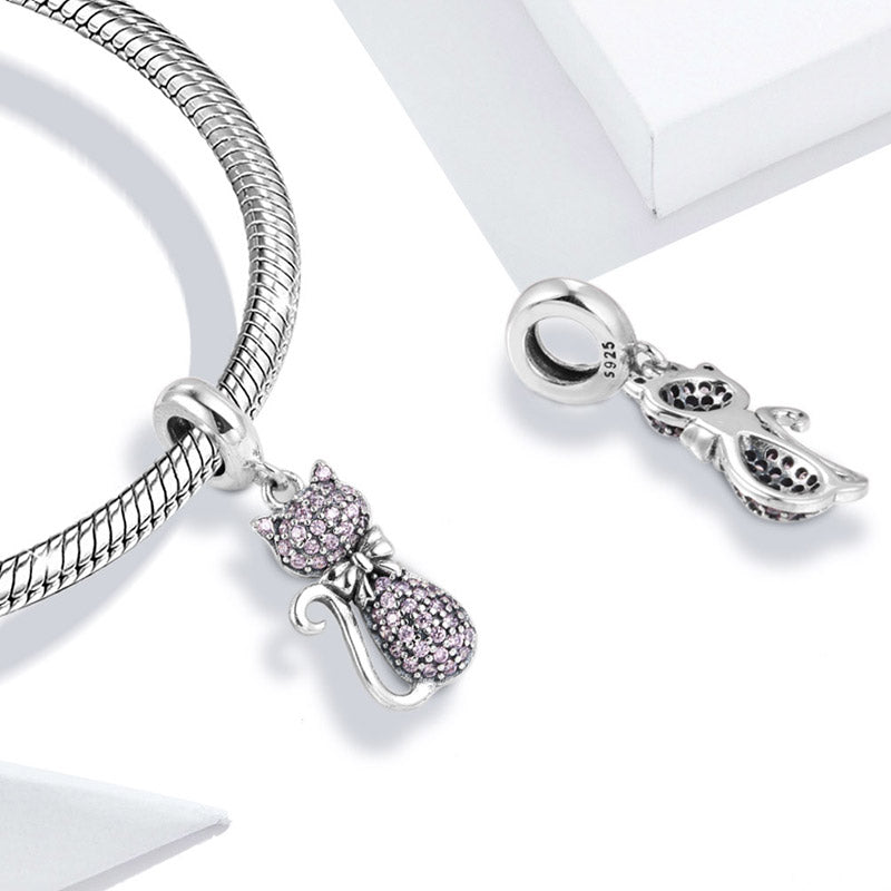 Cute Cat Pendant Dangle Charm 925 Sterling Silver Inalid with Pink CZ Stones_2