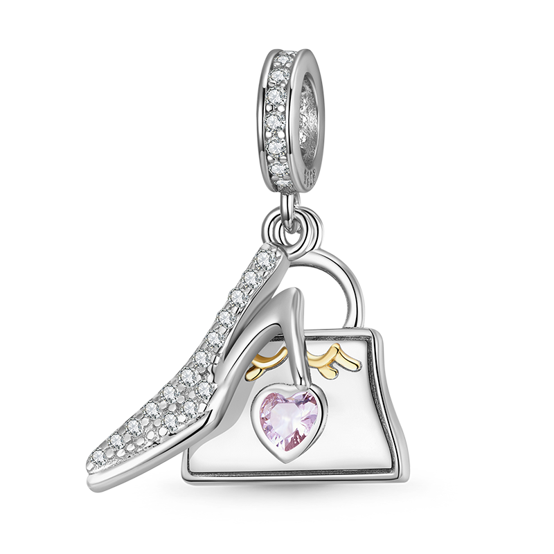 Satchel & High Heels Pendant Dangle Charm 925 Sterling Silver Inlaid with Clear CZ Stones_1