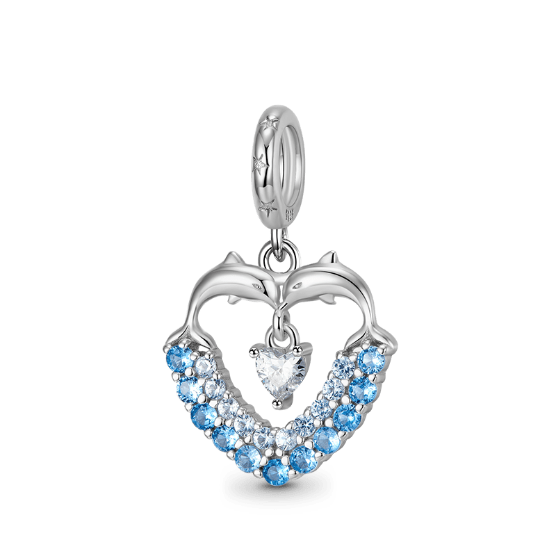 Dolphin Love Heart Pendant Dangle Charm 925 Sterling Silver Inlaid with Blue CZ Stones_1