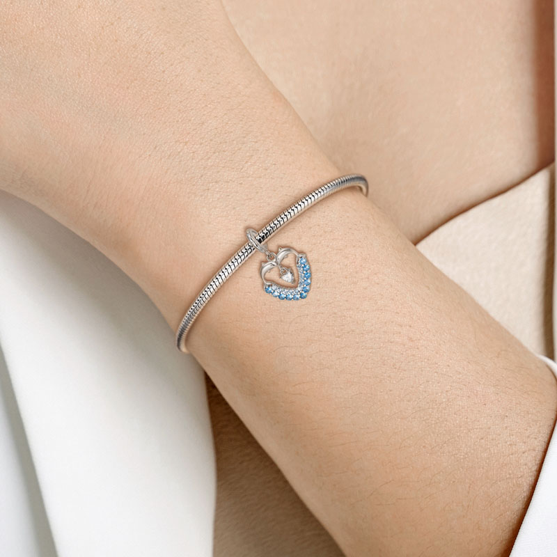 Dolphin Love Heart Pendant Dangle Charm 925 Sterling Silver Inlaid with Blue CZ Stones_2
