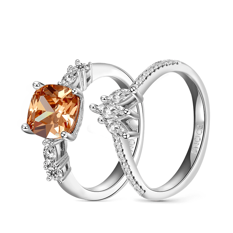 Gnoce Brown Square Sparkle Wishbone Ring Set Platinum-plated Silver Blend_3