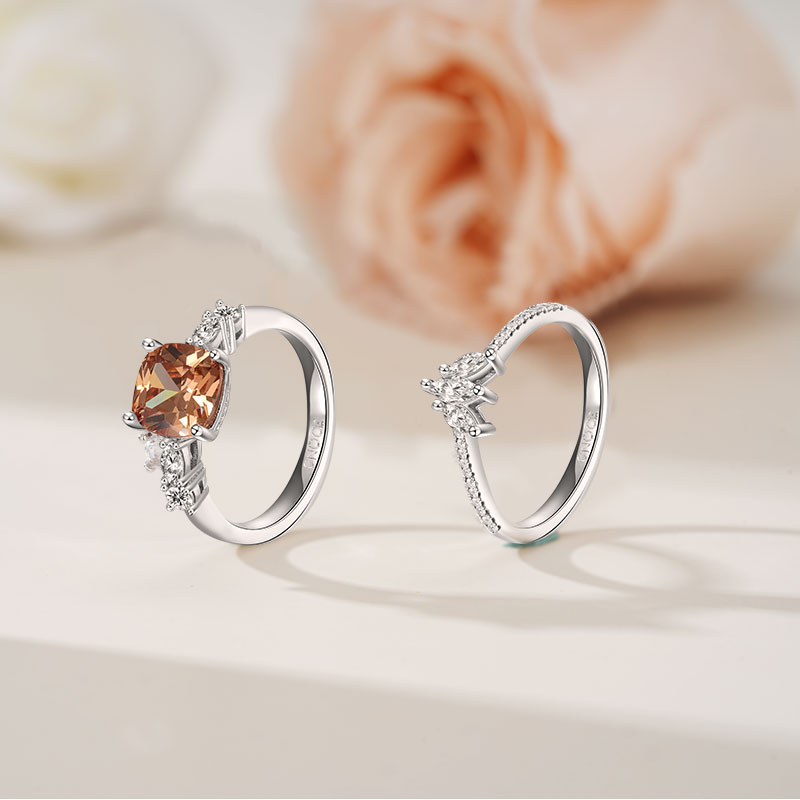 Gnoce Brown Square Sparkle Wishbone Ring Set Platinum-plated Silver Blend_6