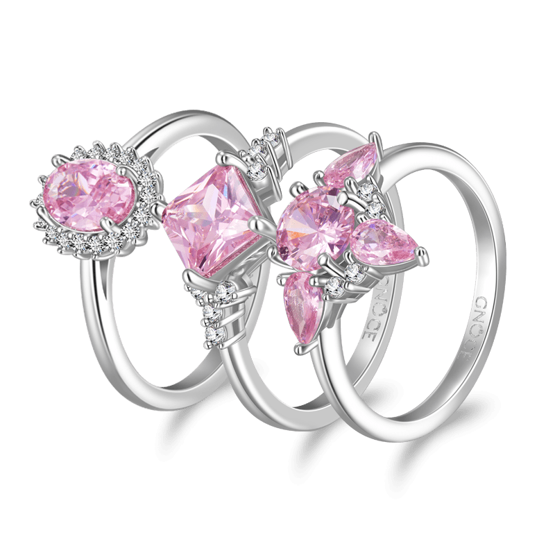 Gnoce Sparkling Triple Pink Stackable Ring Set Platinum-plated Silver Blend_2