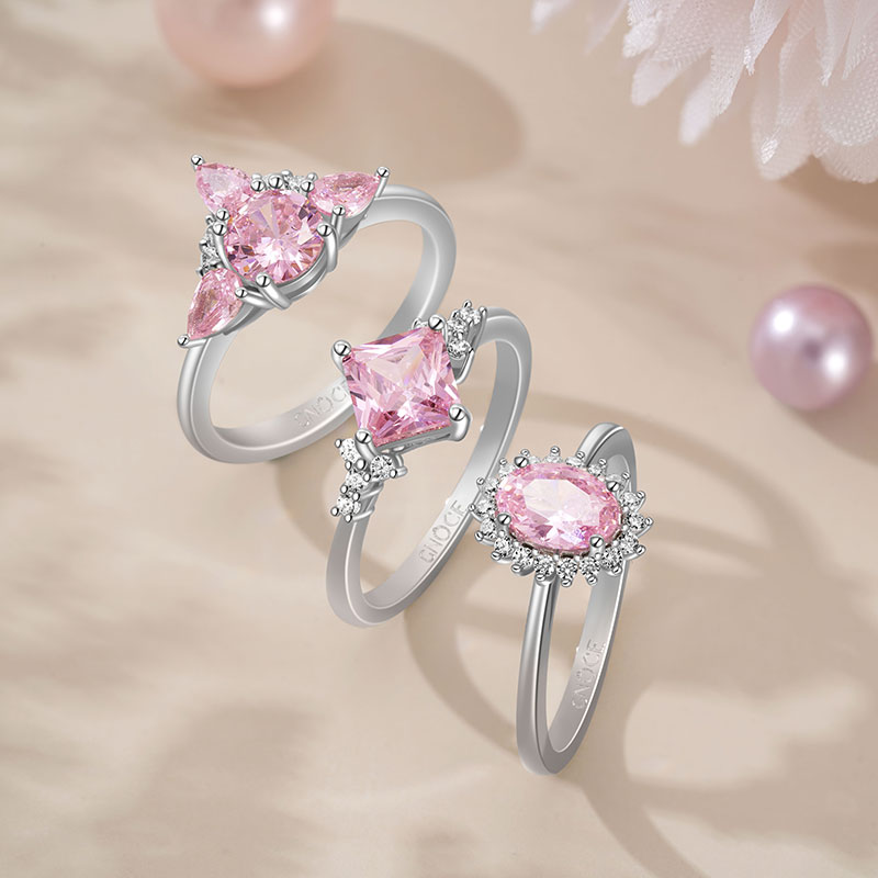 Gnoce Sparkling Triple Pink Stackable Ring Set Platinum-plated Silver Blend_6