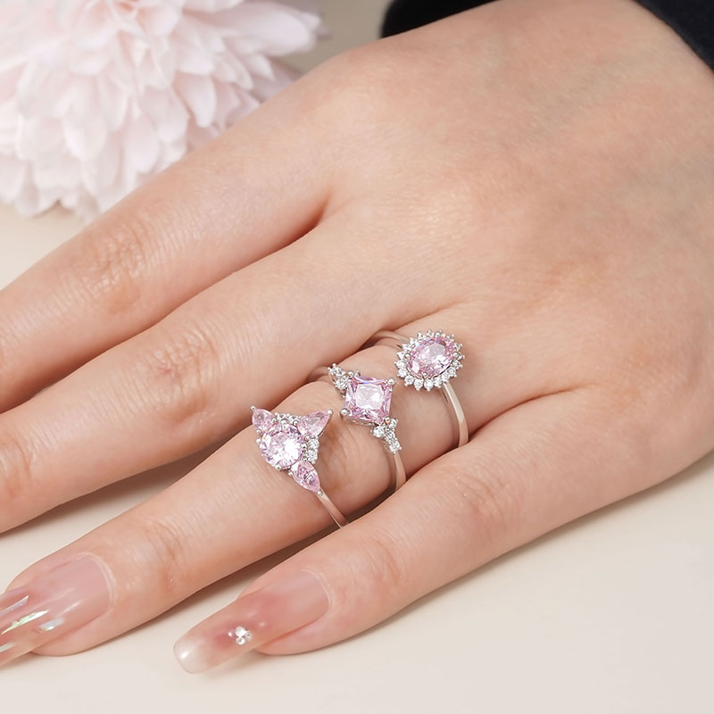 Gnoce Sparkling Triple Pink Stackable Ring Set Platinum-plated Silver Blend_7