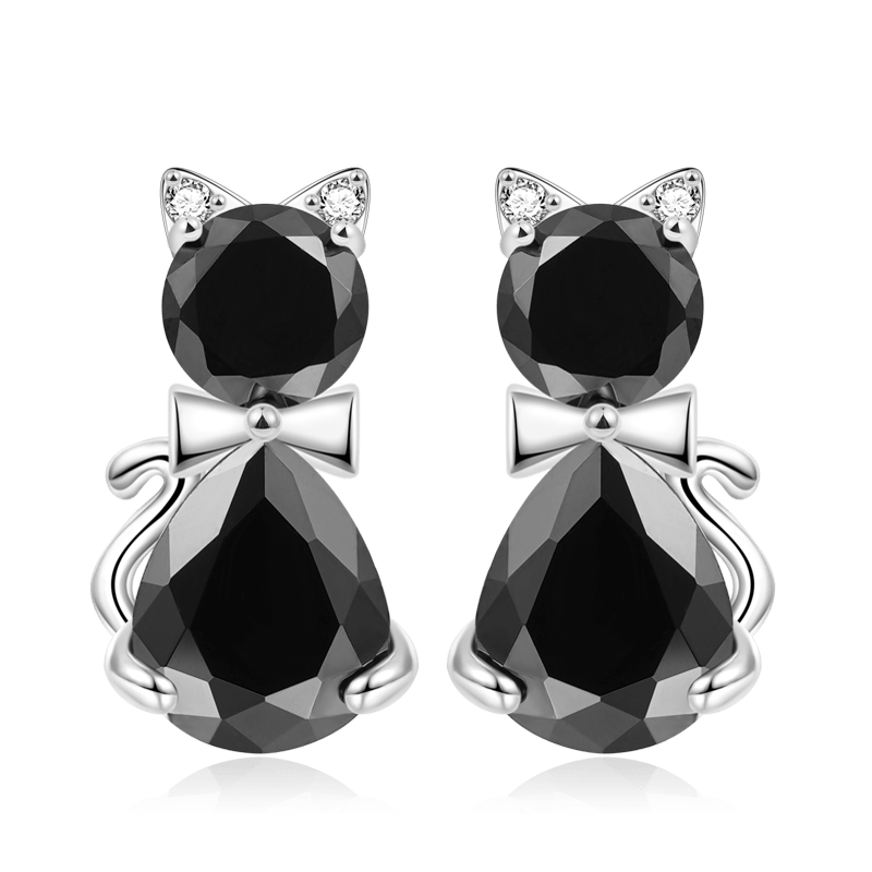 Gnoce Sparkling Black Cat Stud Earrings Platinum-plated Silver Blend_1