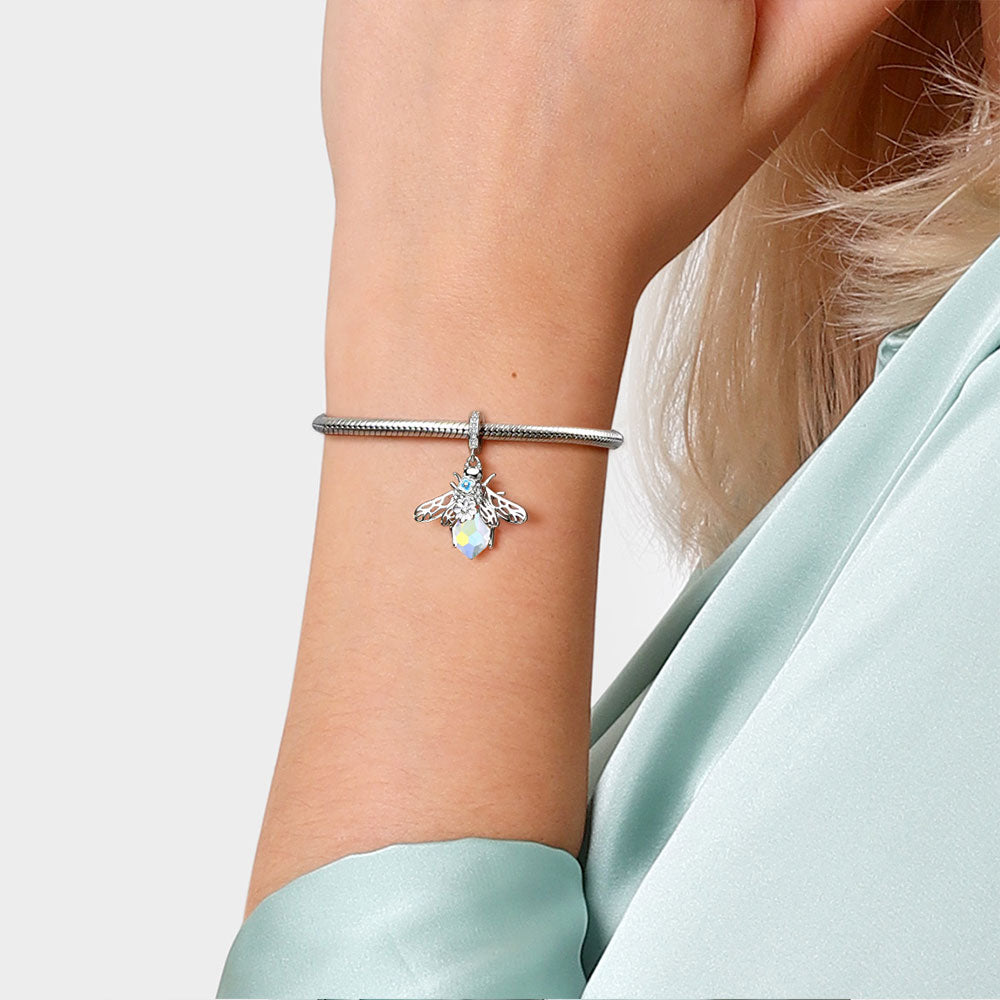 Flowers on Bee Pendant Dangle Charm 925 Sterling Silver with Shiny Artificial Crystal_4