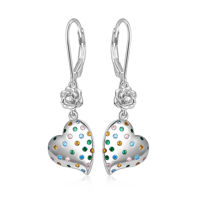 Gnoce Rose Flower Heart Dangle Leverback Earrings Platinum-plated Silver Blend_1