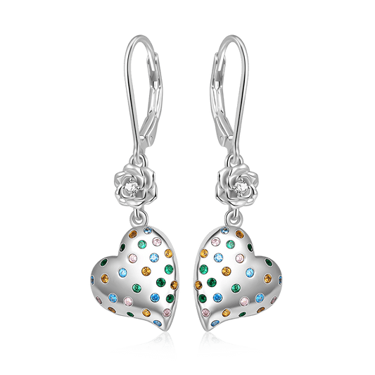 Gnoce Rose Flower Heart Dangle Leverback Earrings Platinum-plated Silver Blend_1