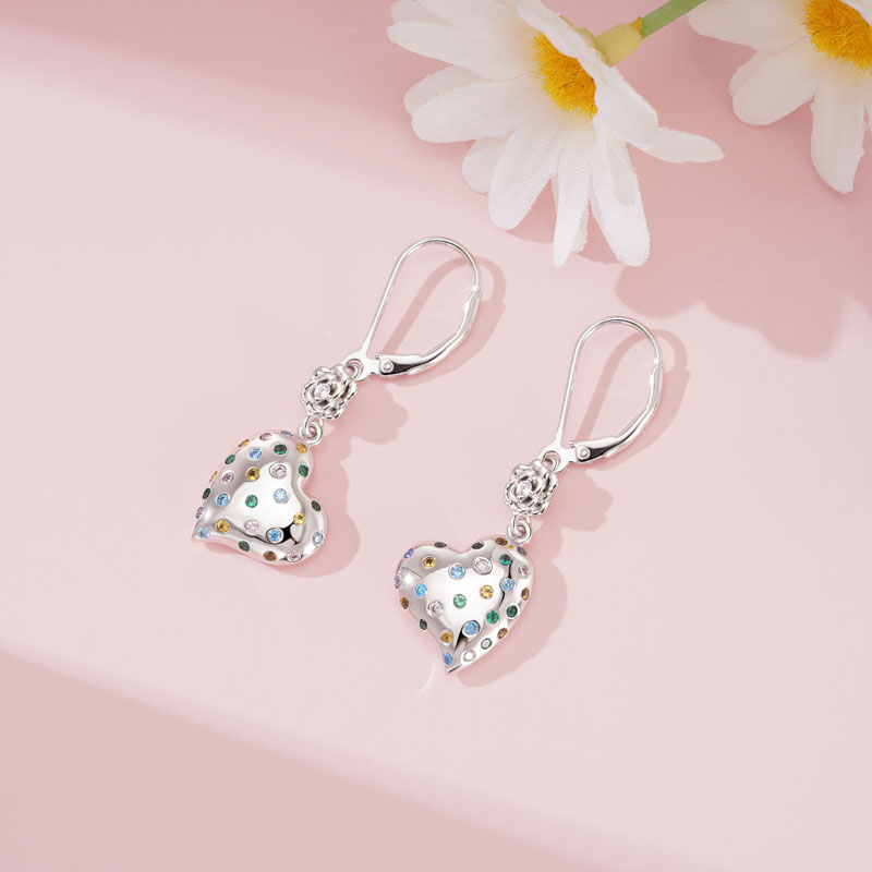 Gnoce Rose Flower Heart Dangle Leverback Earrings Platinum-plated Silver Blend_3