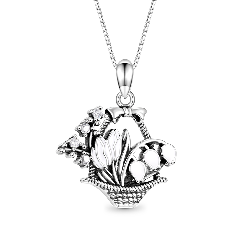 Gnoce Vintage Flower Basket Necklace Platinum-plated Silver Blend_1