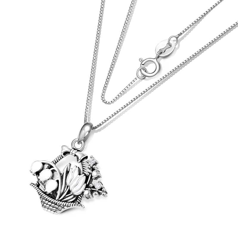 Gnoce Vintage Flower Basket Necklace Platinum-plated Silver Blend_2