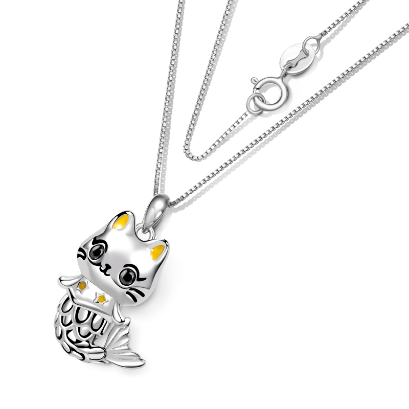 Gnoce Cute Cat Mermaid Necklace Platinum-plated Silver Blend_2