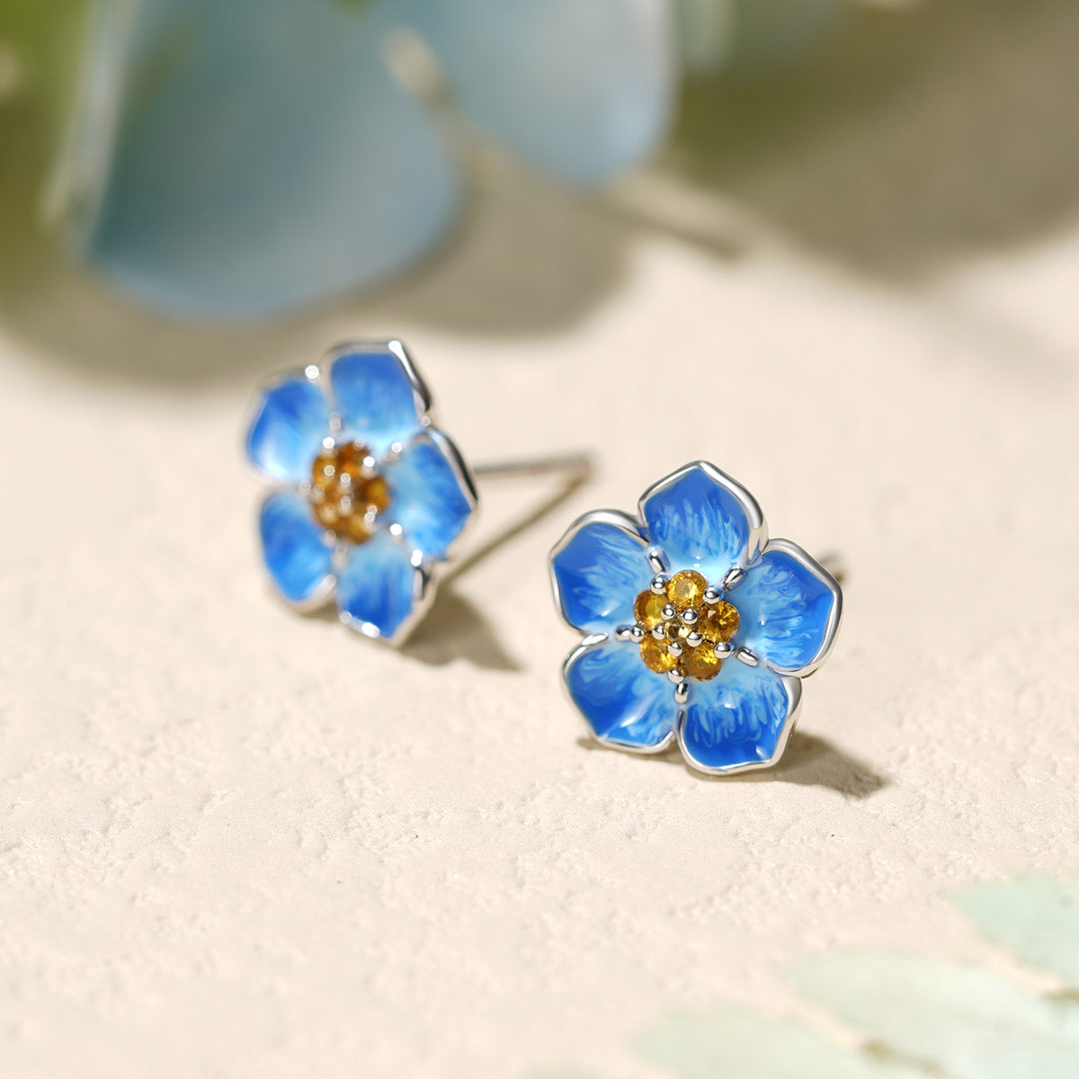 Gnoce Blue Forget-Me-Not Stud Earrings Platinum-plated Silver Blend_2
